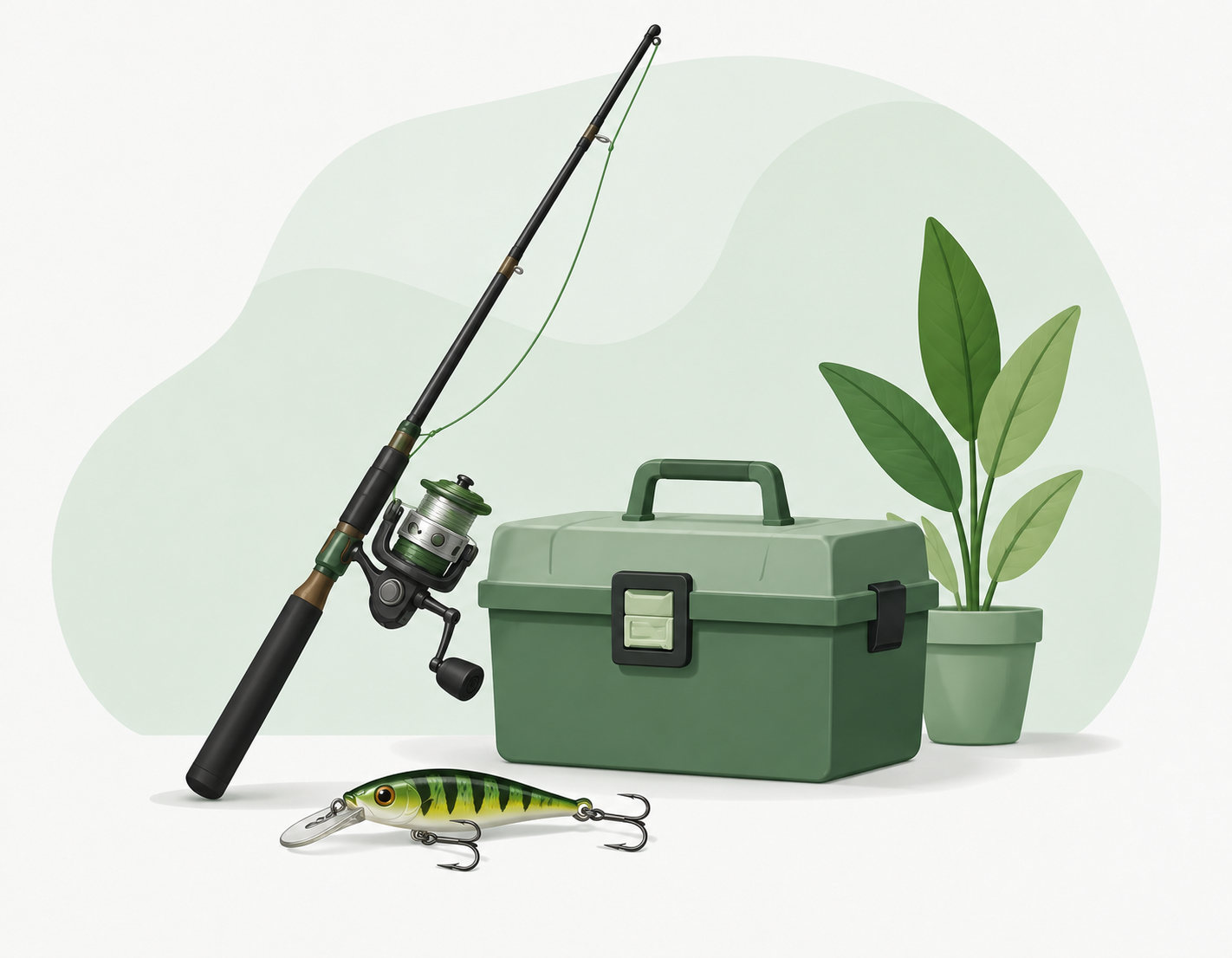 Equipo de pesca con caña, caja y señuelo